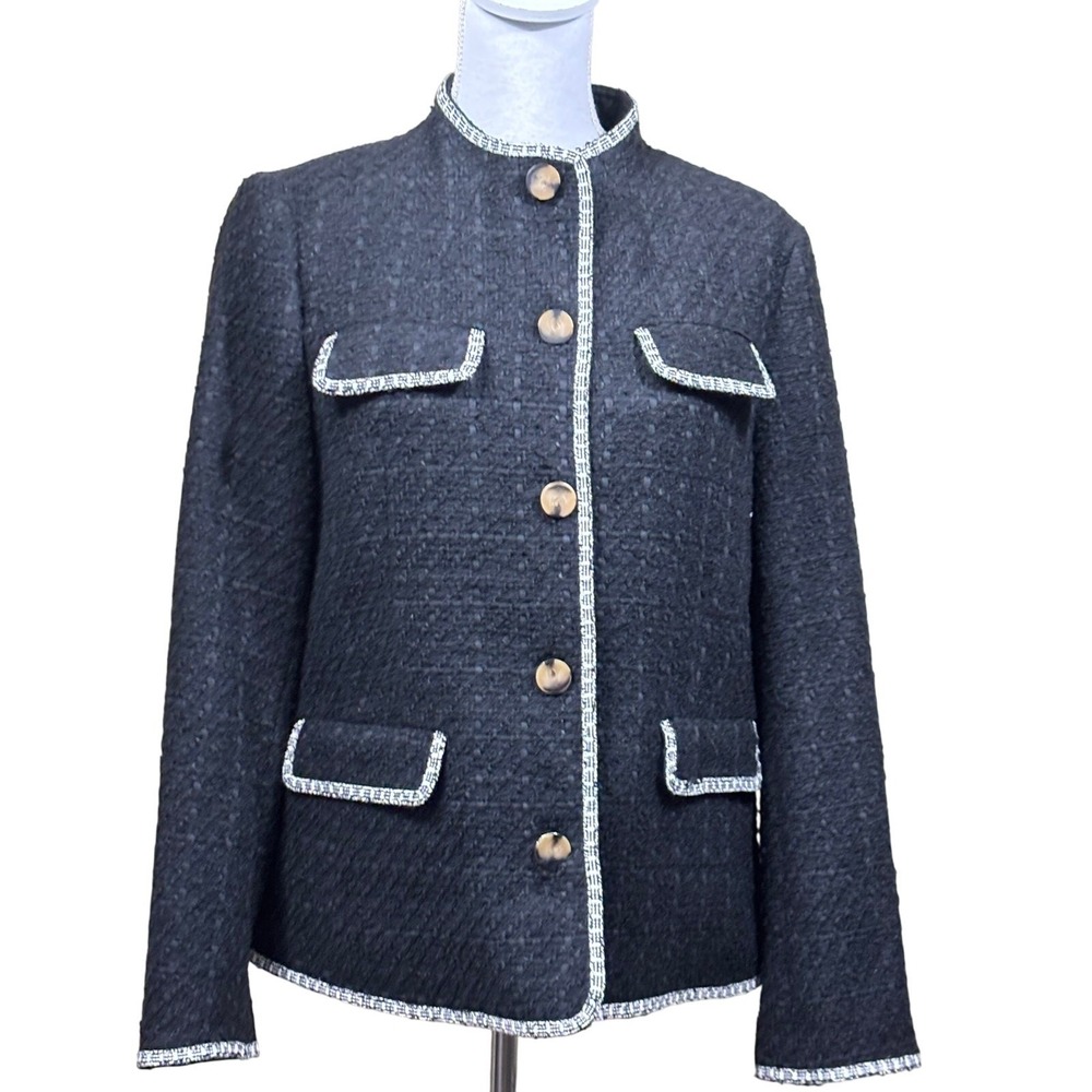 Ann Taylor Black Tweed Braided Trim Button Front Jacket 10 NEW Quiet Luxury